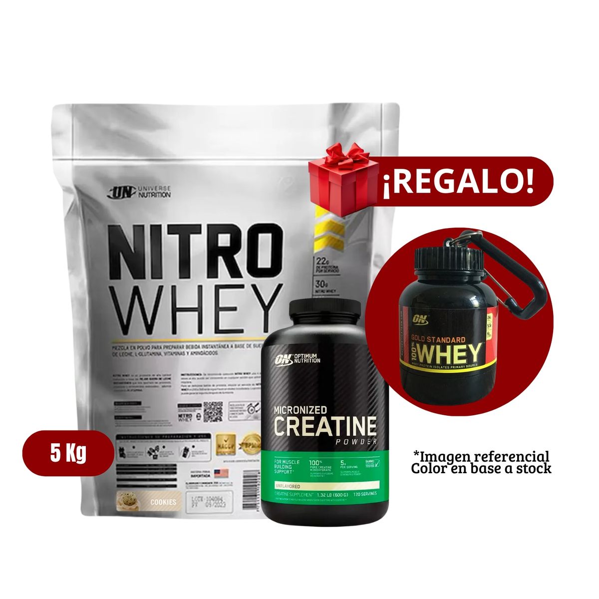 UNIVERSE NUTRITION - Proteína Nitro Whey 5Kg Cookies+Optimum Nutrition 600g+Portaproteína