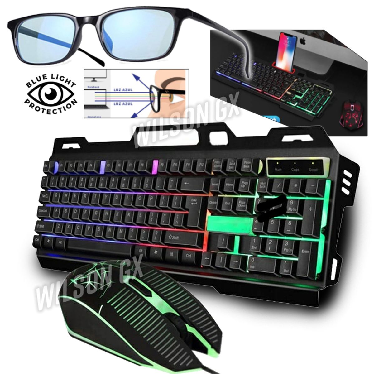 GENERICO - Kit Gamer Teclado Metálico y Mouse RGB + Lentes filtro luz Azul