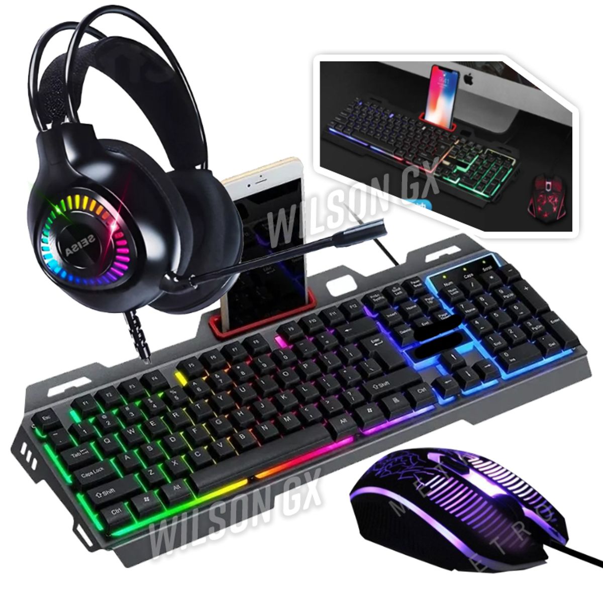GENERICO - Combo Gamer Teclado Metálico Mouse Audífonos c microfono luces RGB