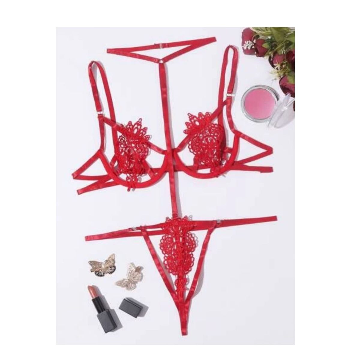 GENERICO - Conjunto de Lencería “Scarlet Desire”  Diseño con Bordado Floral y Cintas Ajustables