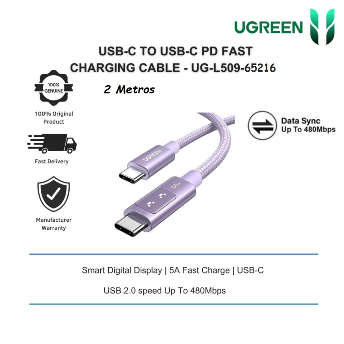 UGREEN - Cable Tipo C Carga Rapida 100watts Ugreen L509 65216 2Metros