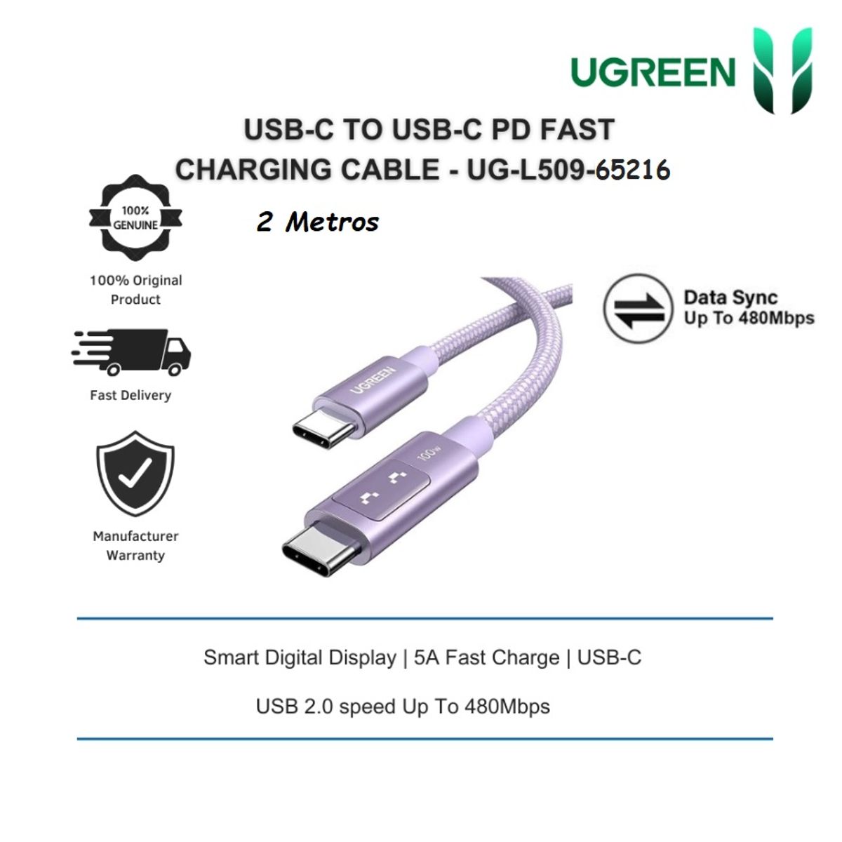 UGREEN - Cable Tipo C Carga Rapida 100watts Ugreen L509 65216 2Metros