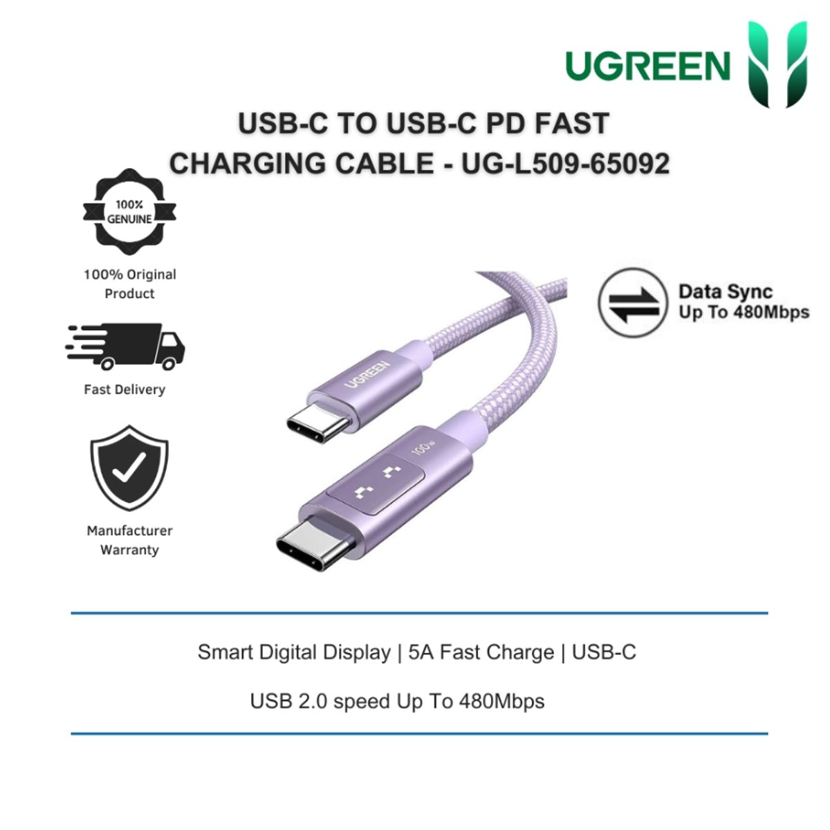 UGREEN - Cable Carga Rapida Tipo-C a Tipo-C 100watts Ugreen L509 65092 1-Metro