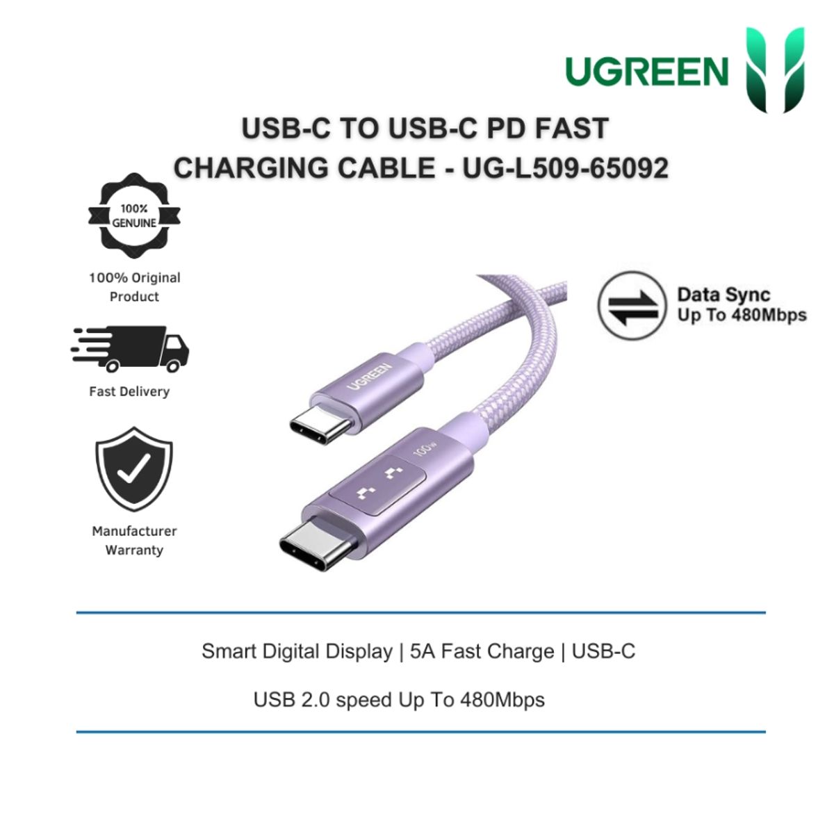 UGREEN - Cable Carga Rapida Tipo-C a Tipo-C 100watts Ugreen L509 65092 1-Metro