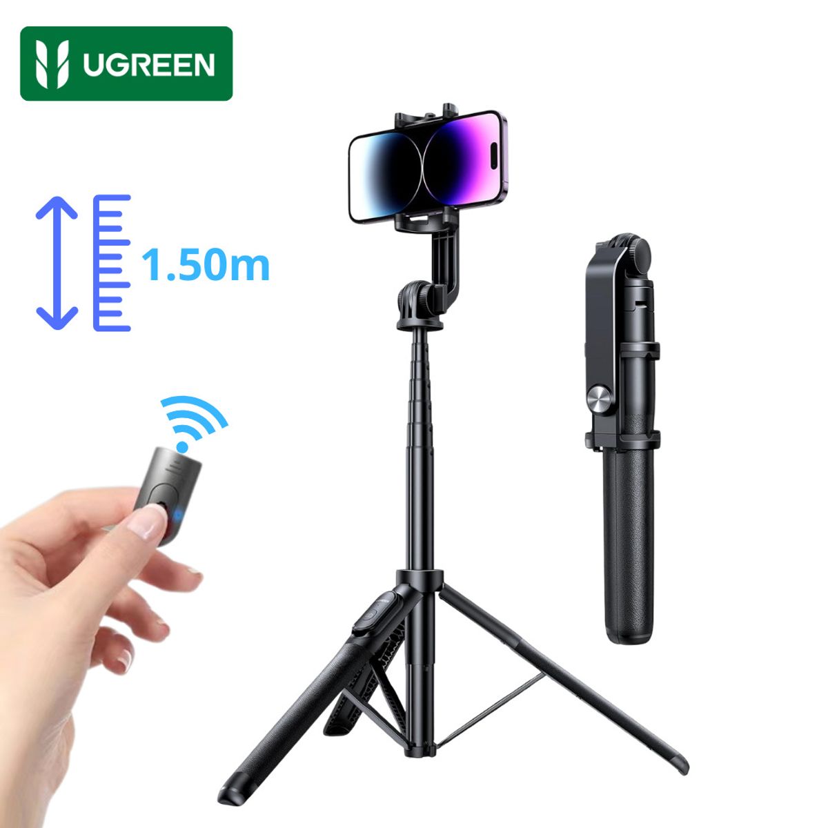 UGREEN - Trípode Soporte Selfie Stick Bluetooth 2 en 1 Extensible 180cm Control Remoto Celular y GoPro