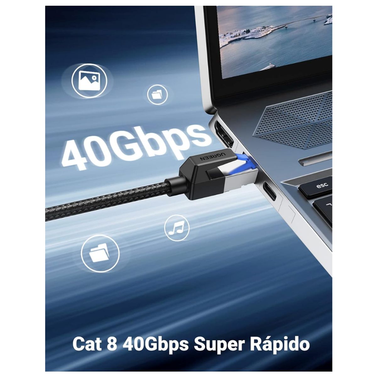 UGREEN - Cable de Red UGREEN Cat8 2m Ethernet RJ45 40Gbps 2000MHz Trenzado Nylon Alta Velocidad PC Router