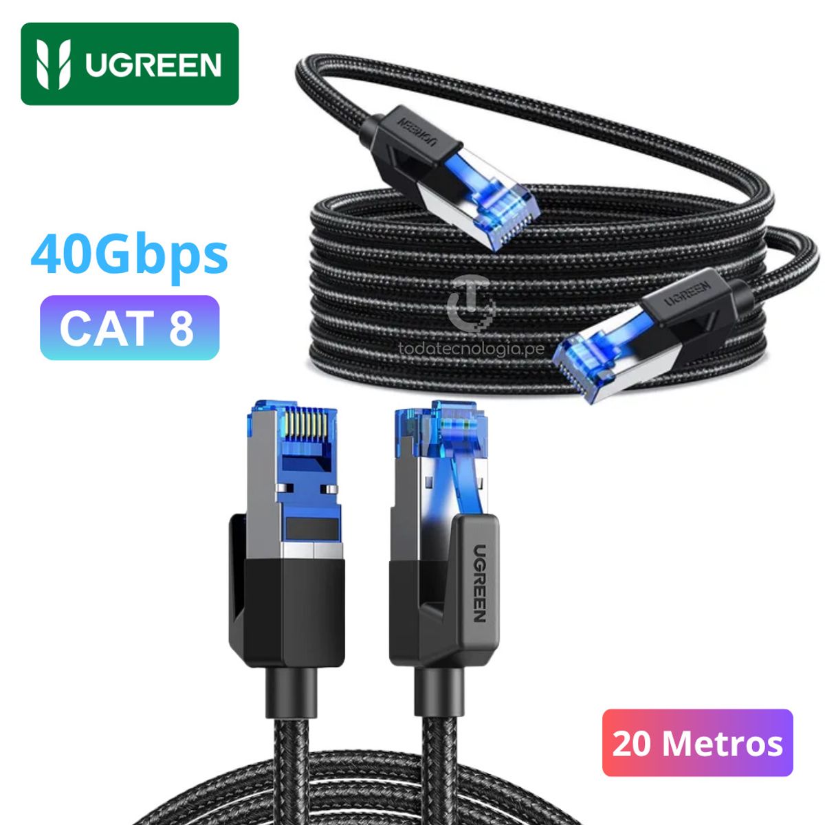 UGREEN - Cable de Red UGREEN Cat8 2m Ethernet RJ45 40Gbps 2000MHz Trenzado Nylon Alta Velocidad PC Router