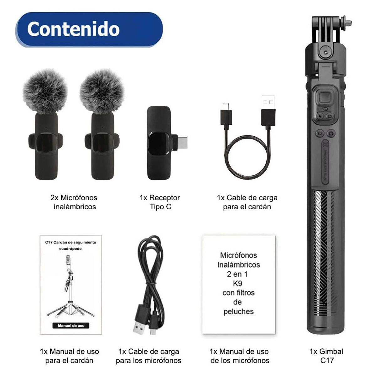 NANOTRON TECHNOLOGIES - Kit dual Gimbal C17 con seguimiento facial - IA y micrófonos inalámbricos K9 con filtros de peluche