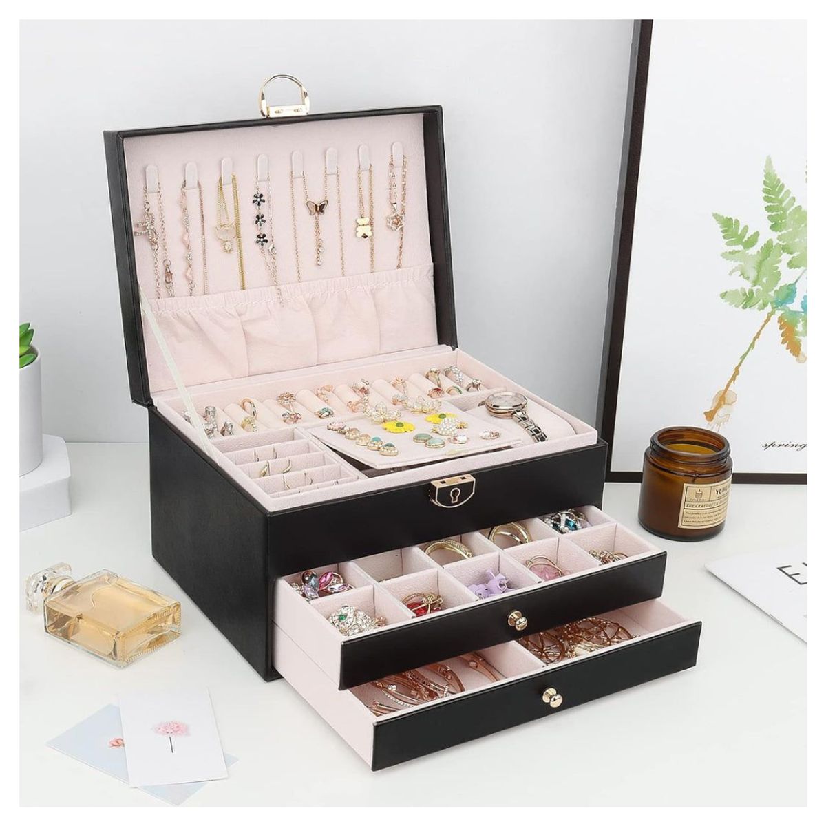 GENERICO - Joyero Grande de Tres Capas PU Organizador de Joyas de 3 Niveles