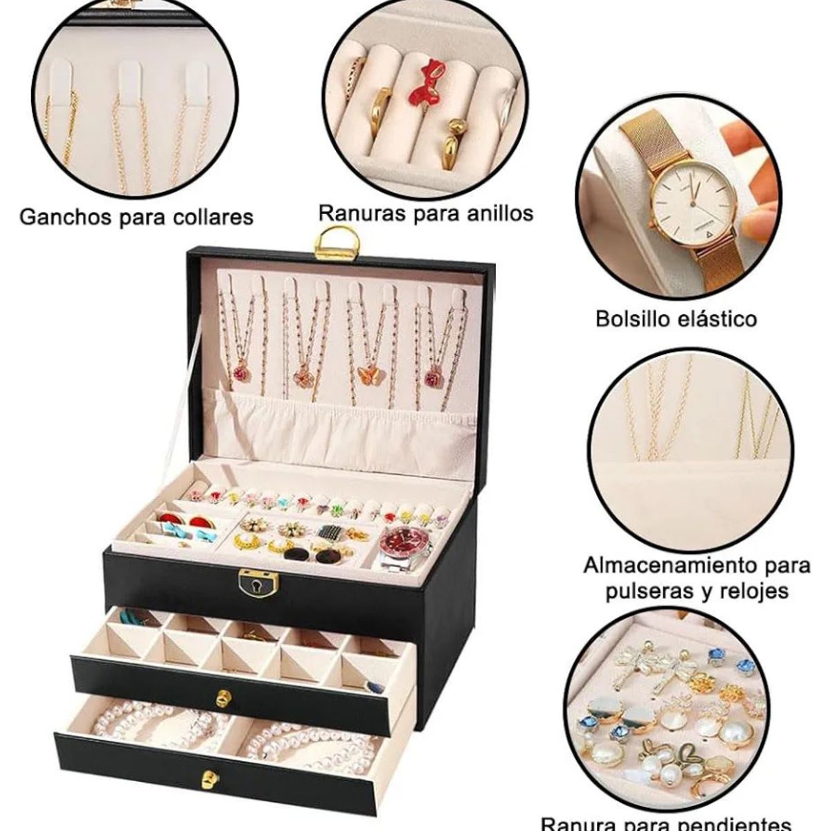 GENERICO - Joyero Grande de Tres Capas PU Organizador de Joyas de 3 Niveles