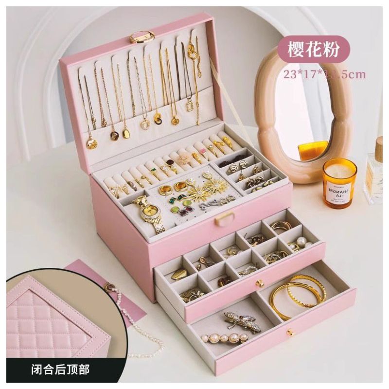 GENERICO - Joyero Grande de Tres Capas PU Organizador de Joyas de 3 Niveles