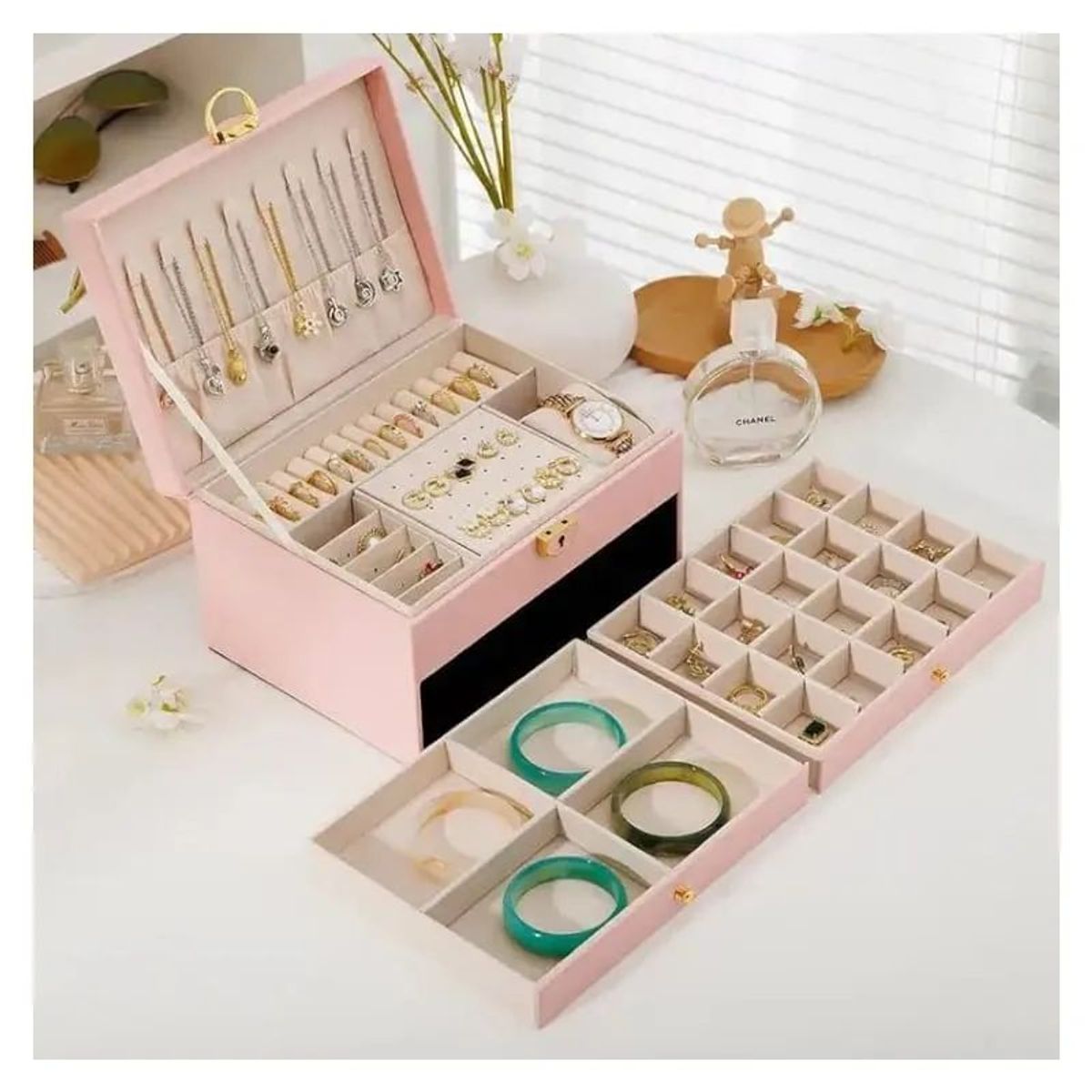 GENERICO - Joyero Grande de Tres Capas PU Organizador de Joyas de 3 Niveles