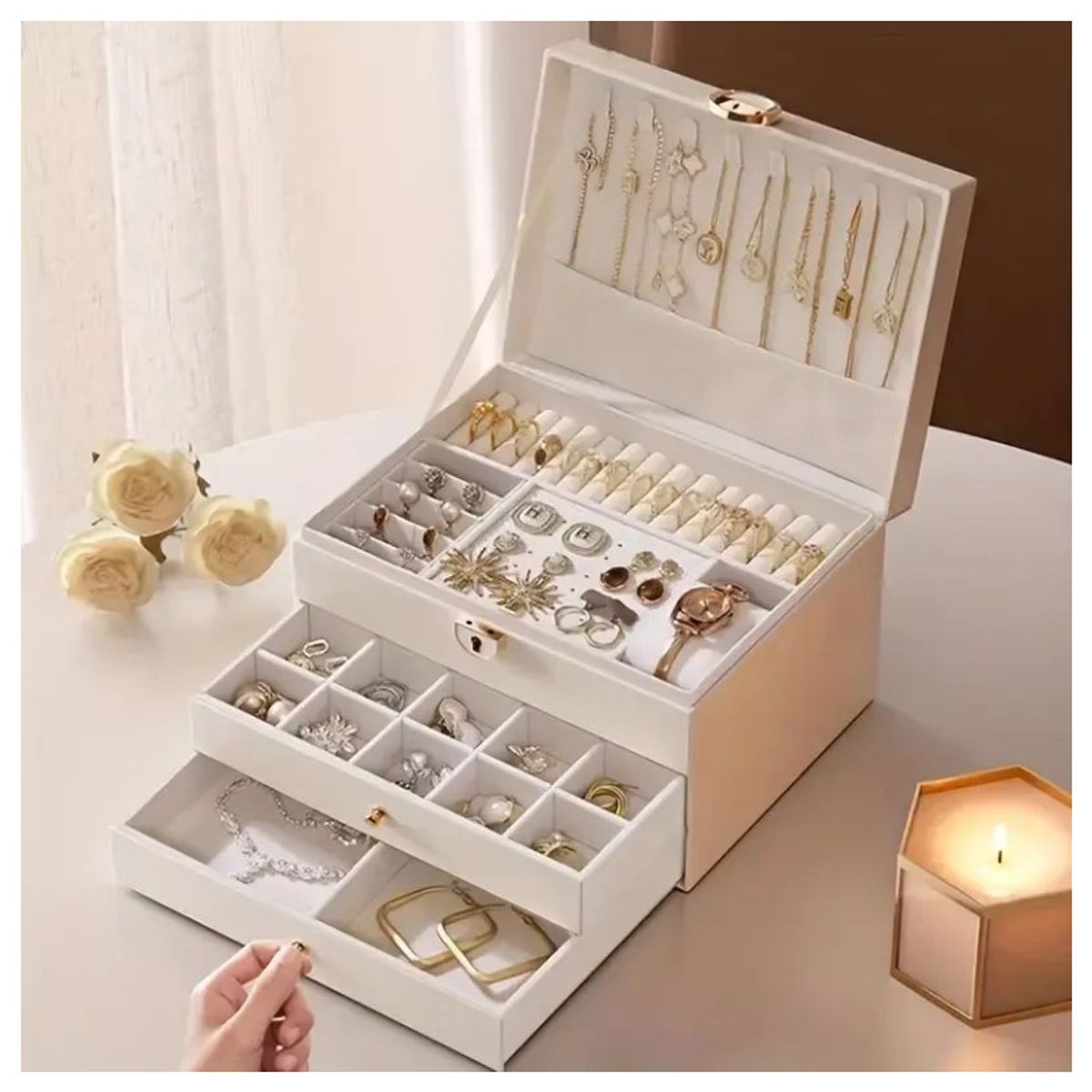 GENERICO - Joyero Grande de Tres Capas PU Organizador de Joyas de 3 Niveles