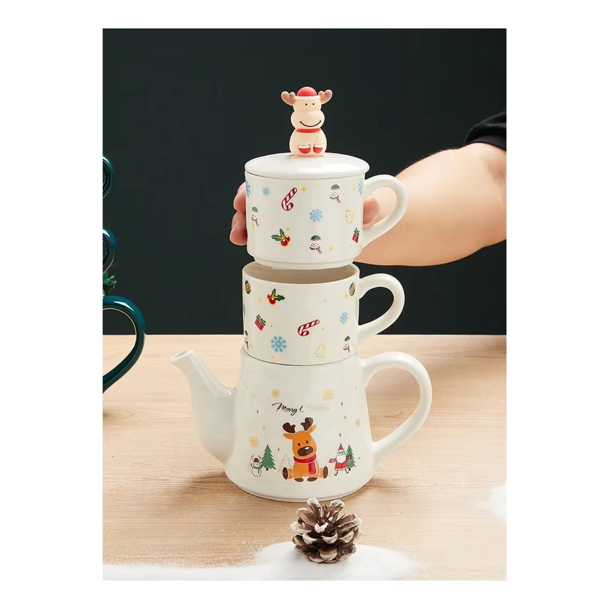 GENERICO - SET DE TÉ DE CERAMICA CON TEMATICA  NAVIDEÑA