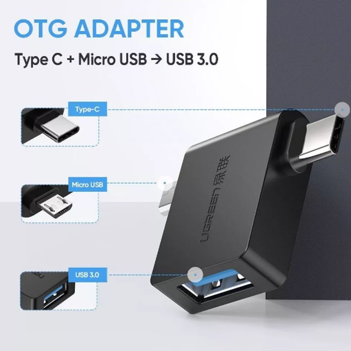 UGREEN - Adaptador OTG 2 en 1 UGREEN 30453 Tipo C y Micro USB – Negro