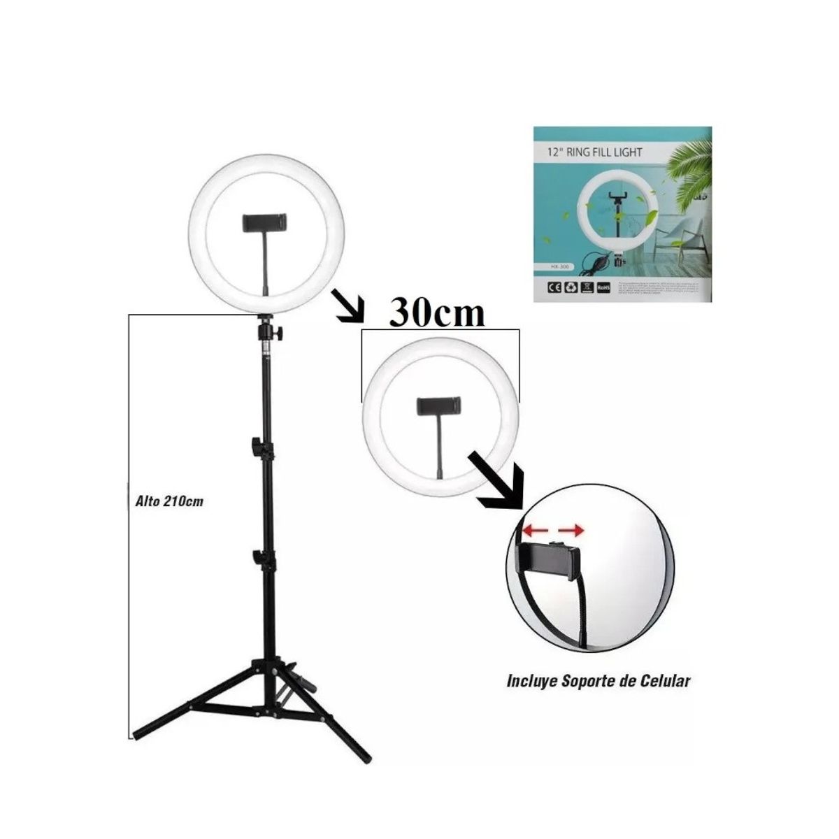 GENERICO - Aro De Luz Led 30cm + Trípode De 210m + Soporte De Celular