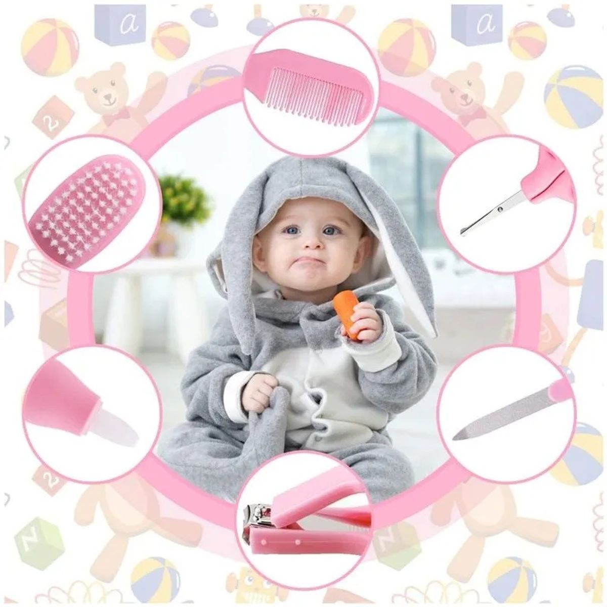 GENERICO - Kit de Higiene para Bebés Cortauñas Peine Cepillo Baby Care 10 piezas Rosado