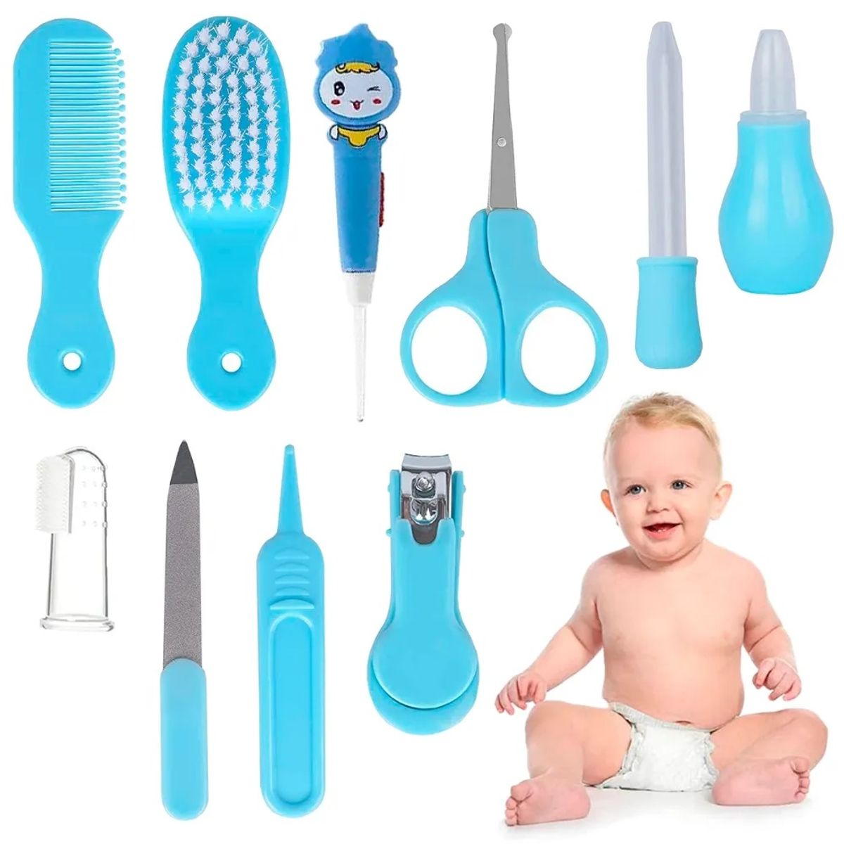 GENERICO - Kit de Higiene para Bebés Cortauñas Peine Cepillo Baby Care 10 piezas Celeste