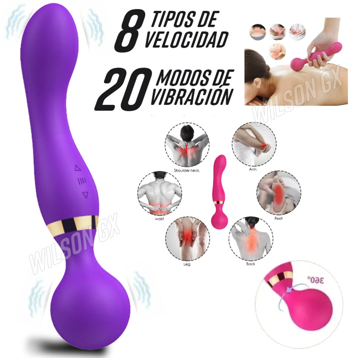 GENERICO - Masajeador 2 en 1 Vibrador Multiuso Intimo Consolador 8 velocidades