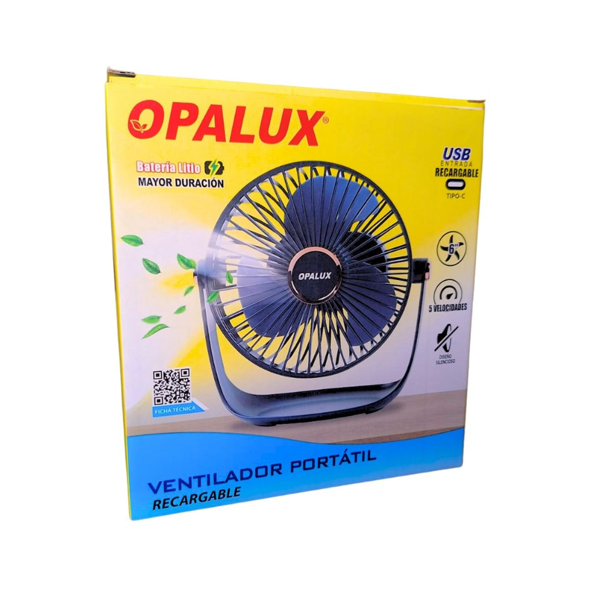 OPALUX - Ventilador Portátil Recargable Opalux Azul 5 Velocidades Con Luz LED OP-TF60-AZ