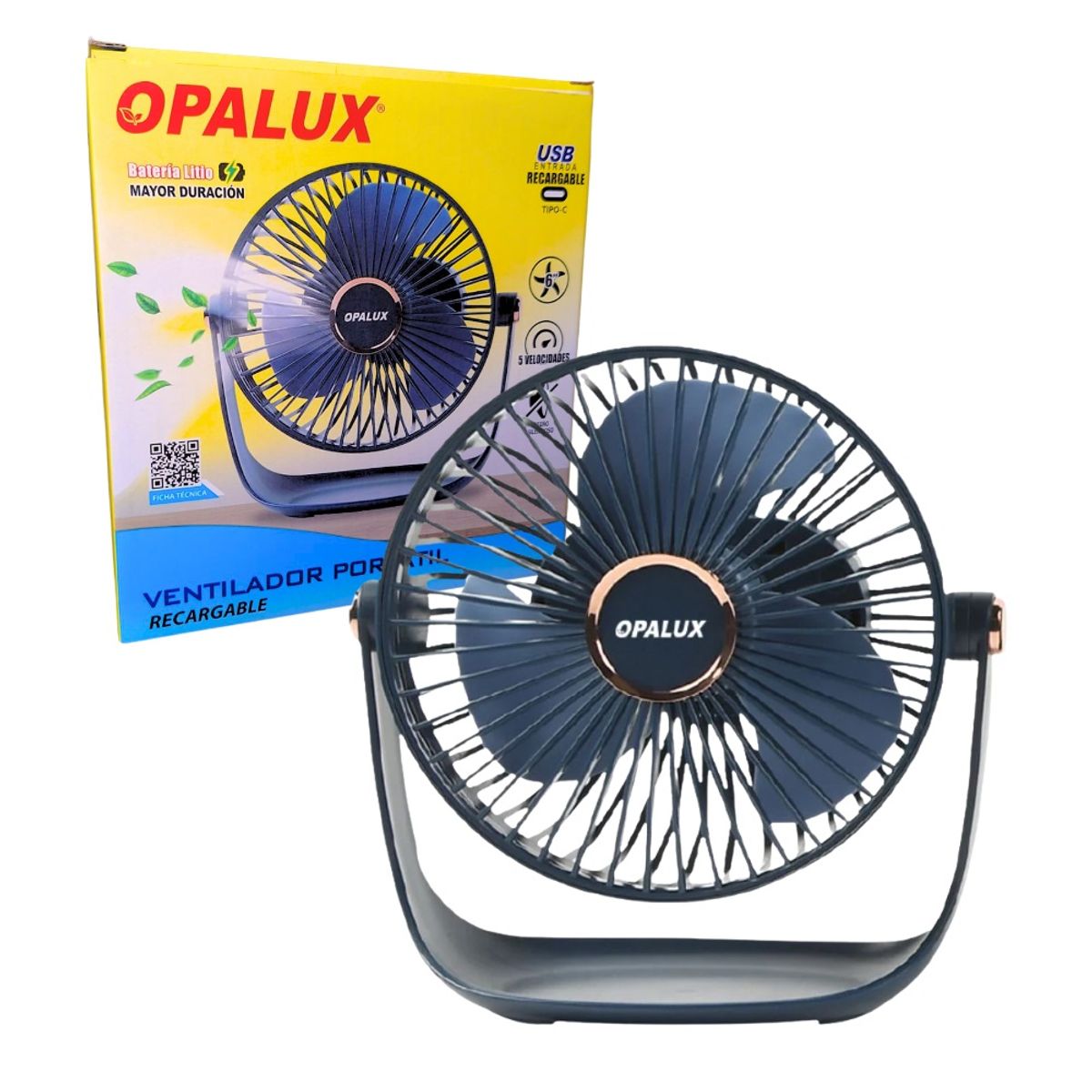 OPALUX - Ventilador Portátil Recargable Opalux Azul 5 Velocidades Con Luz LED OP-TF60-AZ