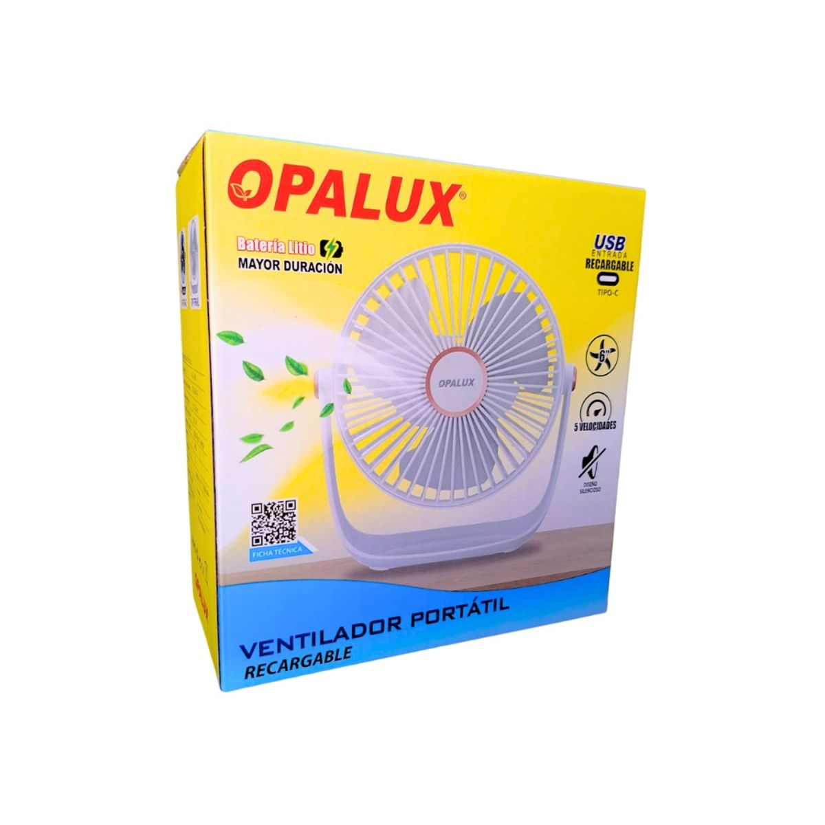 OPALUX - Ventilador Portátil Recargable Opalux Blanco 5 Velocidades Con Luz LED OP-TF60-BL