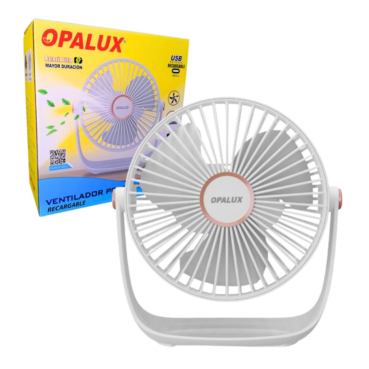 OPALUX - Ventilador Portátil Recargable Opalux Blanco 5 Velocidades Con Luz LED OP-TF60-BL