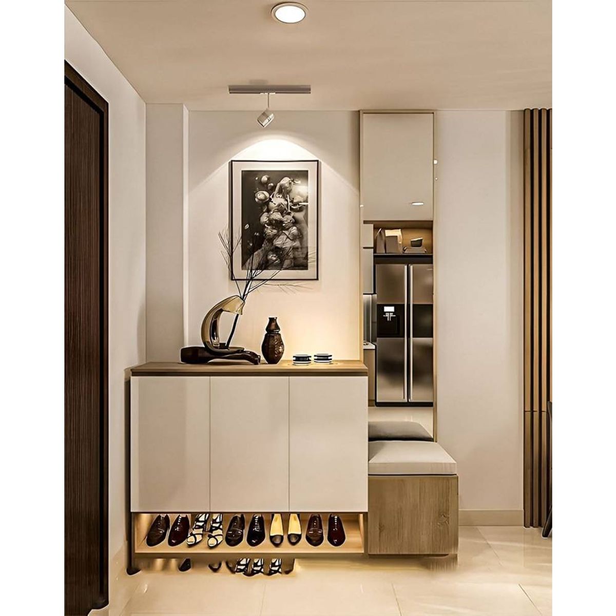 TU MESITA - Zapatera Recibidor Keyla con Espejo y Asiento Color Garden OakBlanco TU MESITA