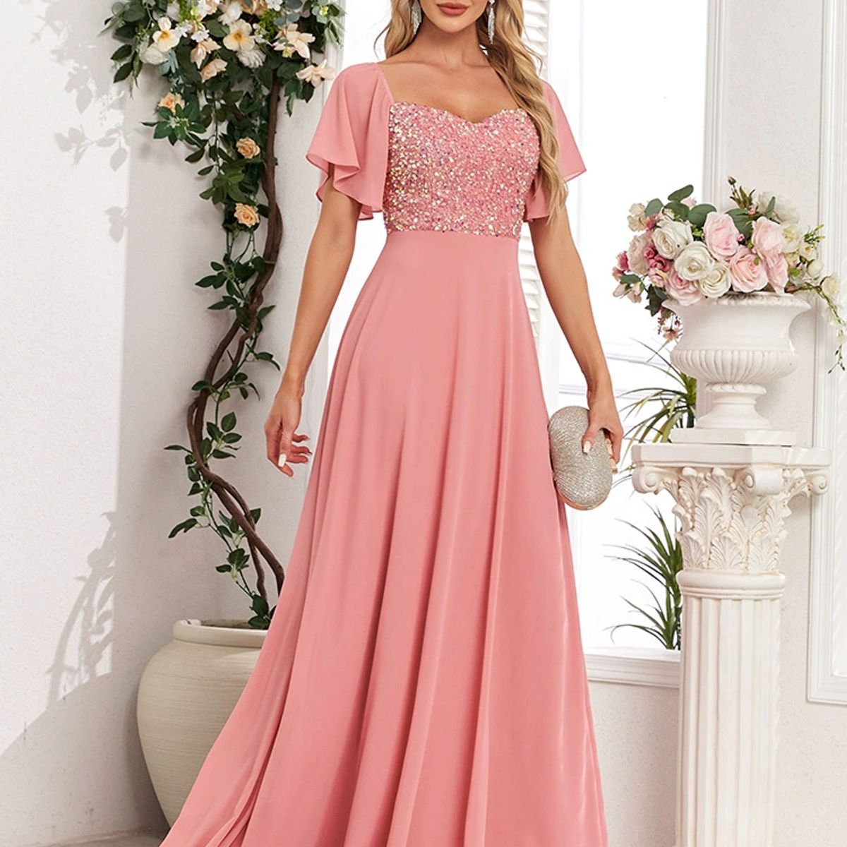 GENERICO - Vestido Largo Rosa con Lentejuelas y Mangas Sueltas