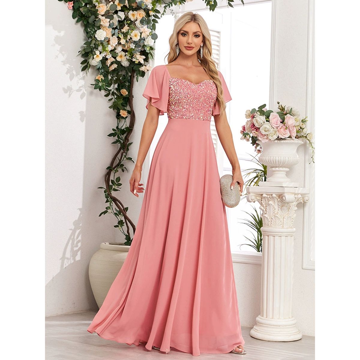 GENERICO - Vestido Largo Rosa con Lentejuelas y Mangas Sueltas