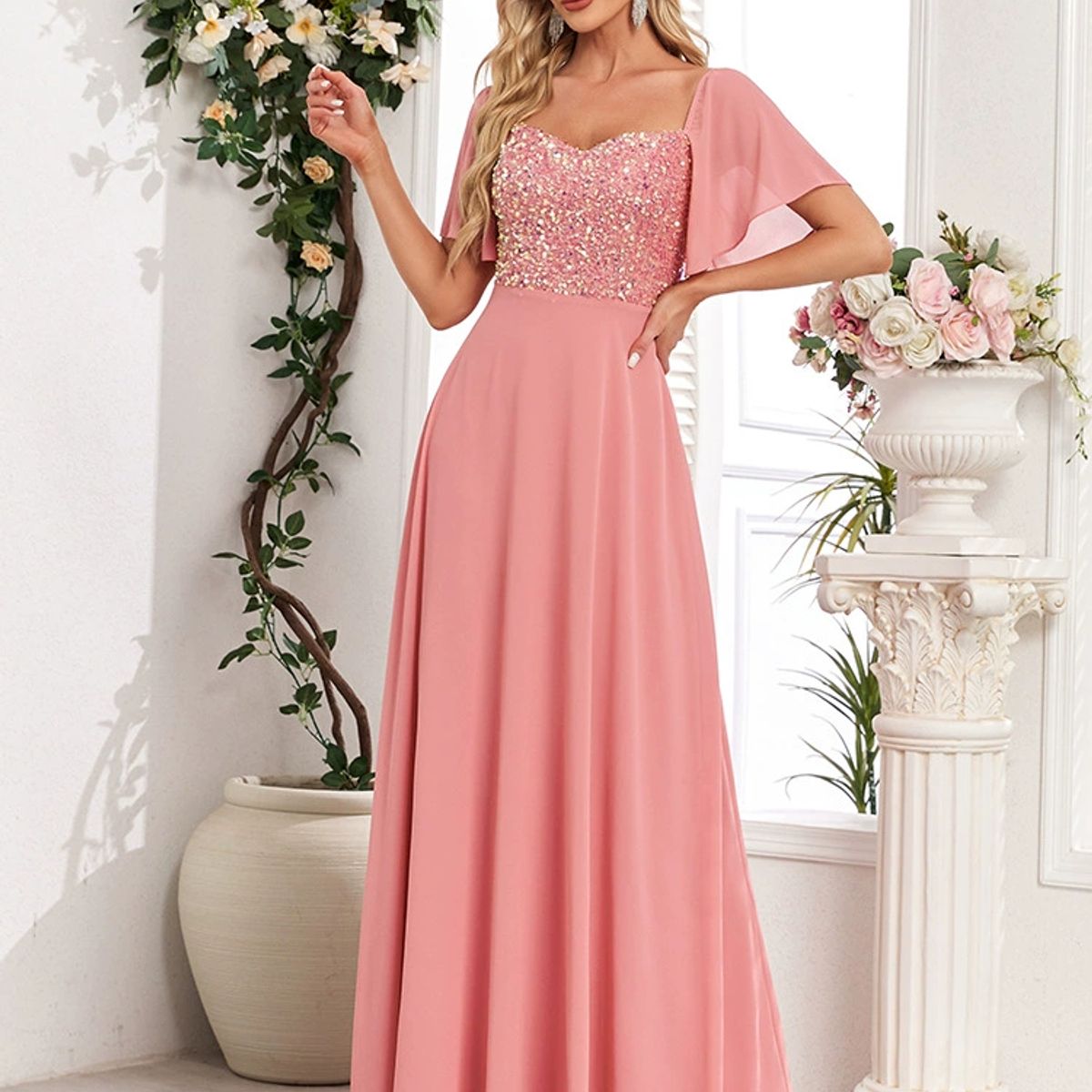 GENERICO - Vestido Largo Rosa con Lentejuelas y Mangas Sueltas