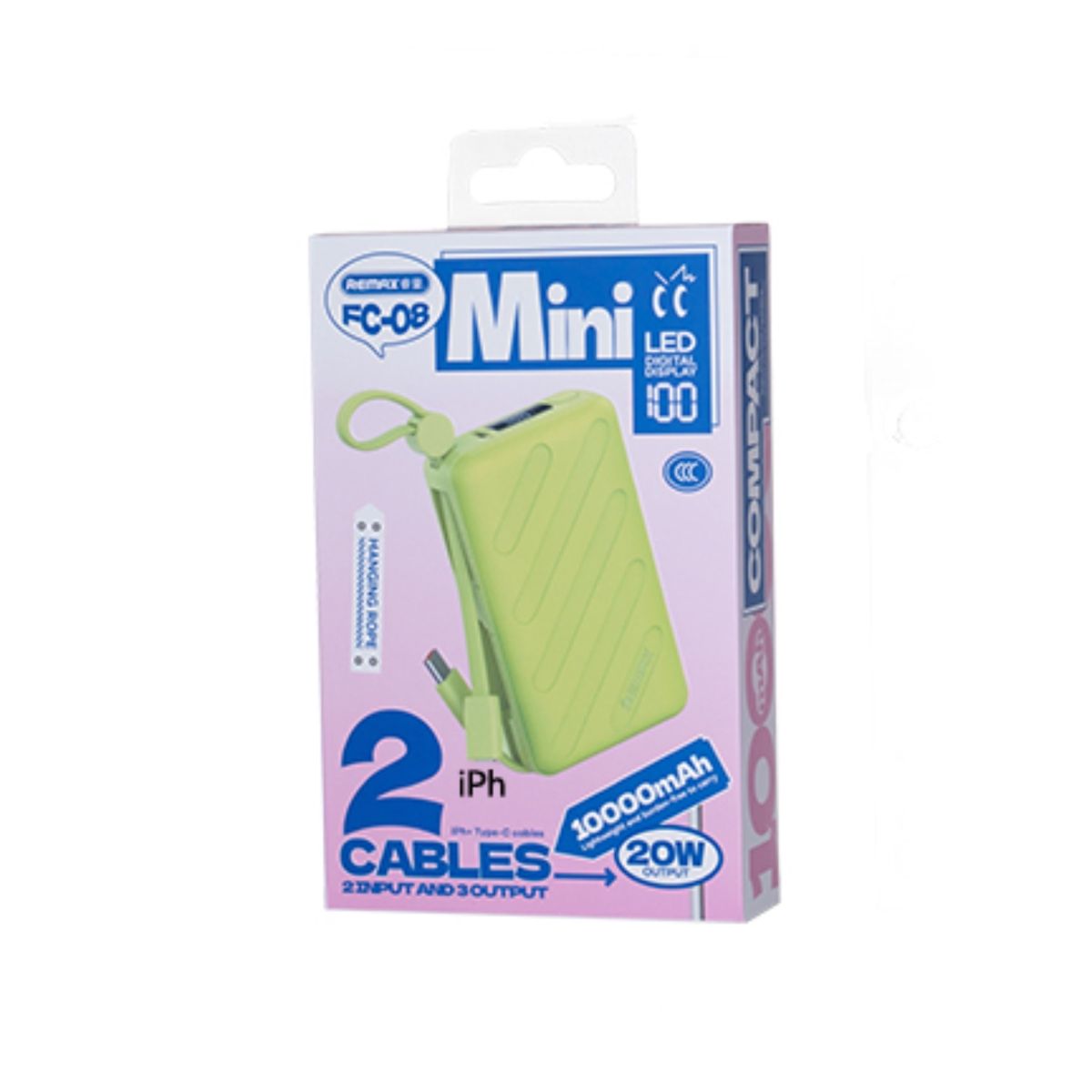 REMAX - Power Bank 10000mAh 20W Remax FC-08 Con Cables Integrados Lightning y Tipo-C Verde