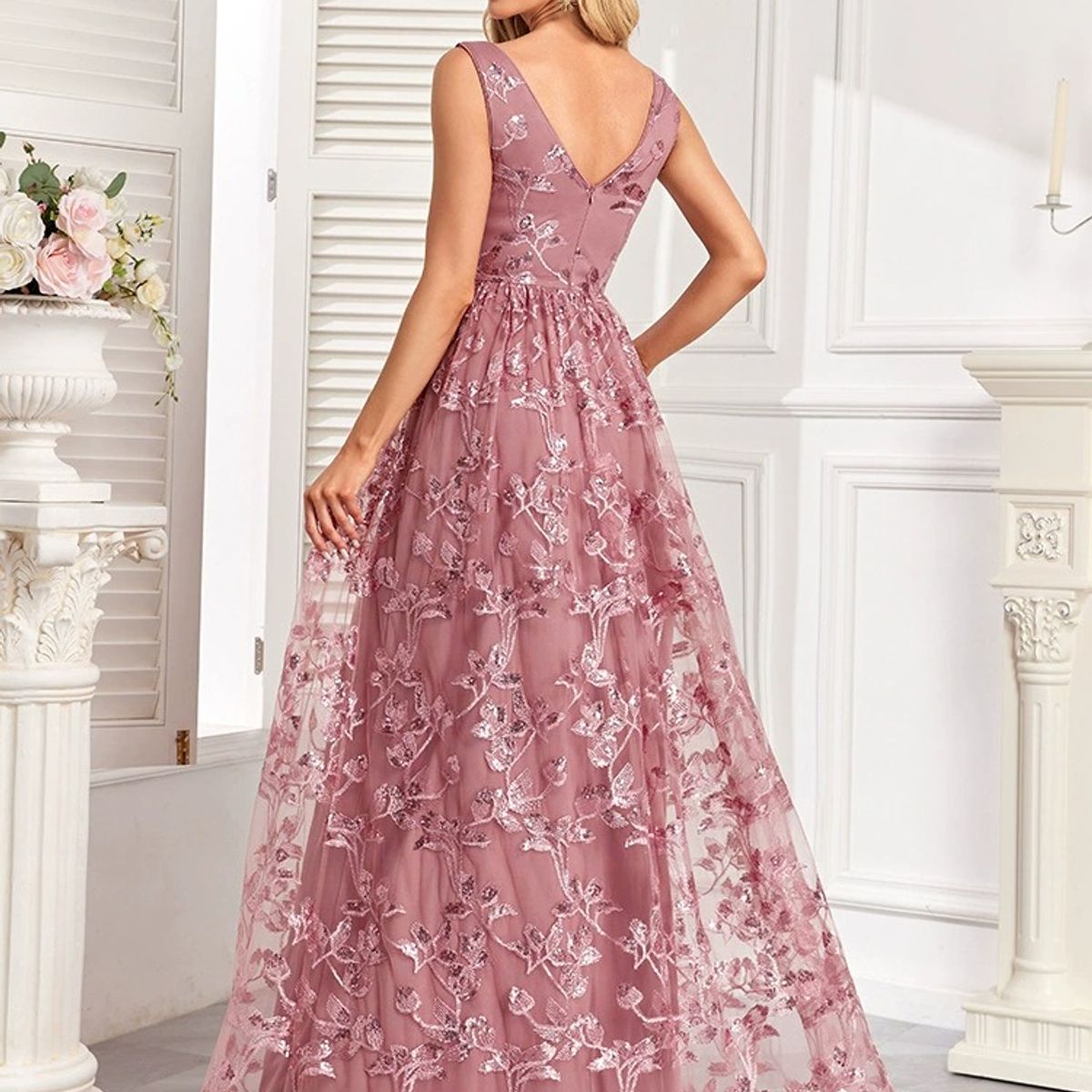 GENERICO - Vestido Largo rosa con Bordado Floral