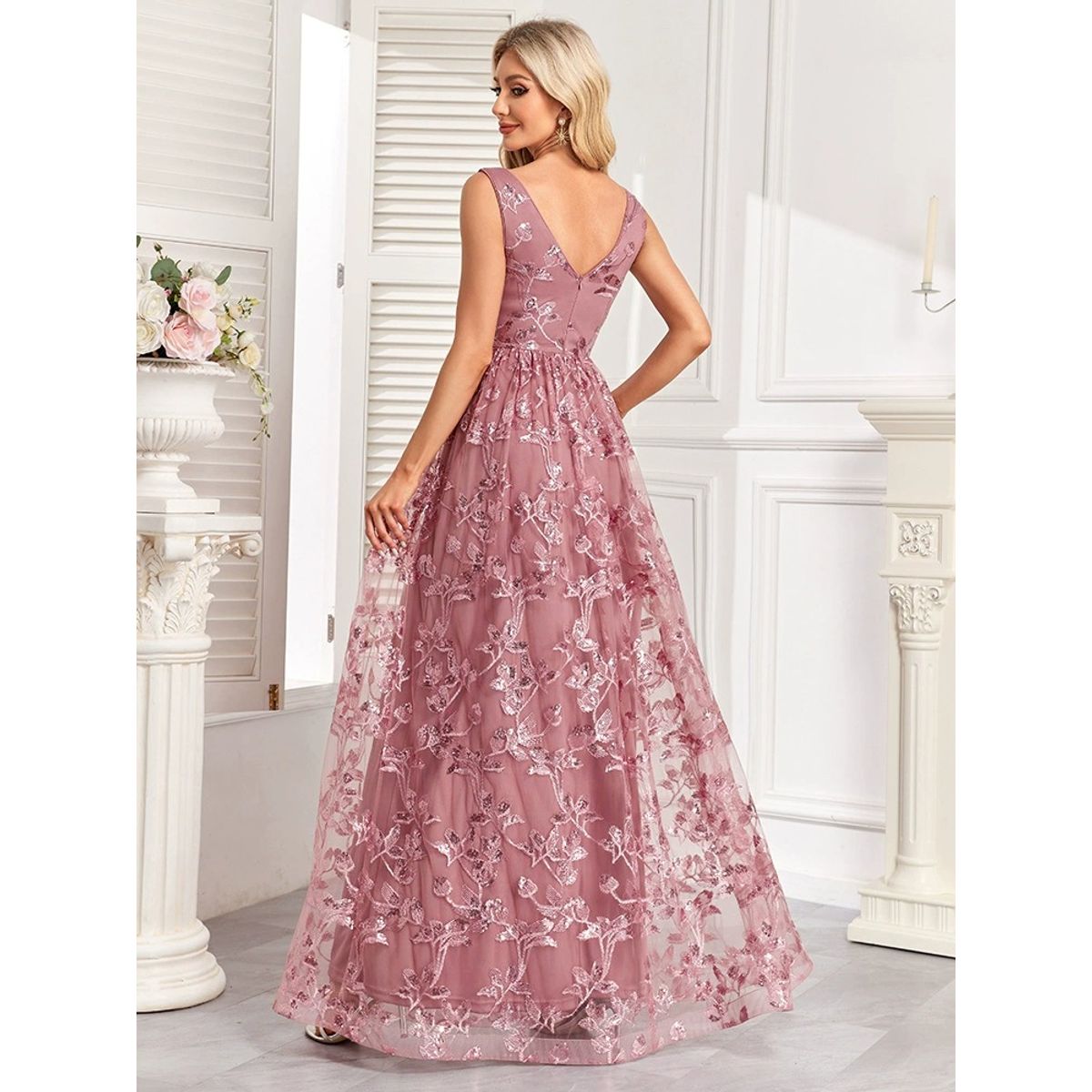 GENERICO - Vestido Largo rosa con Bordado Floral