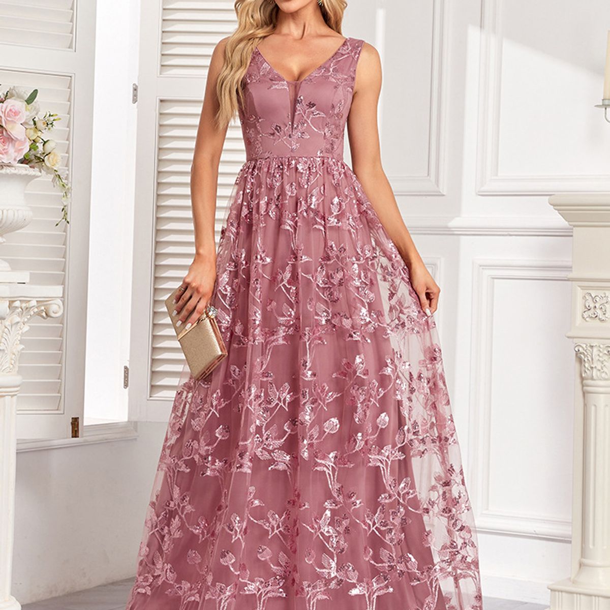 GENERICO - Vestido Largo rosa con Bordado Floral