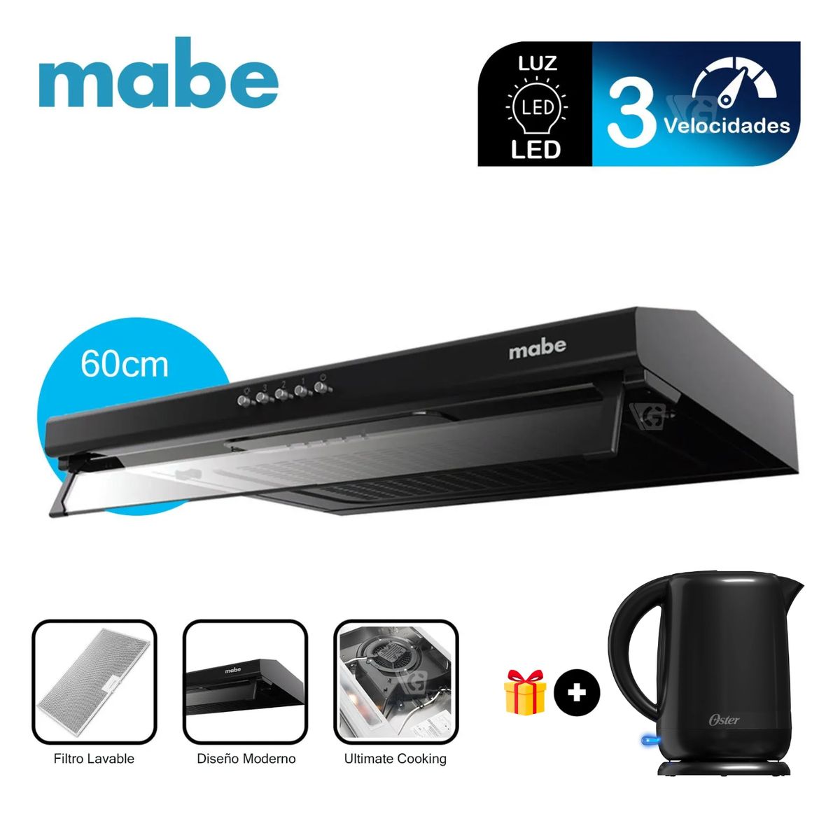 MABE - Campana Extractora Mabe CMU6020PB0 60cm Negro + Hervidor Oster