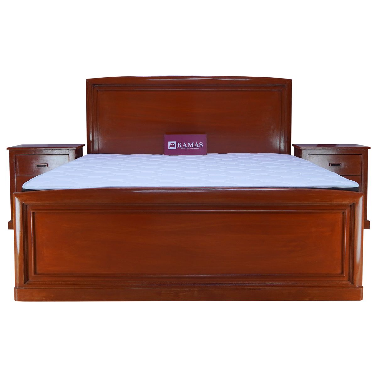 KAMAS - DORMITORIO KAMAS KING SARKI DE MADERA CEDRO CON CABECERA PEDESTAL Y 2 VELADORES