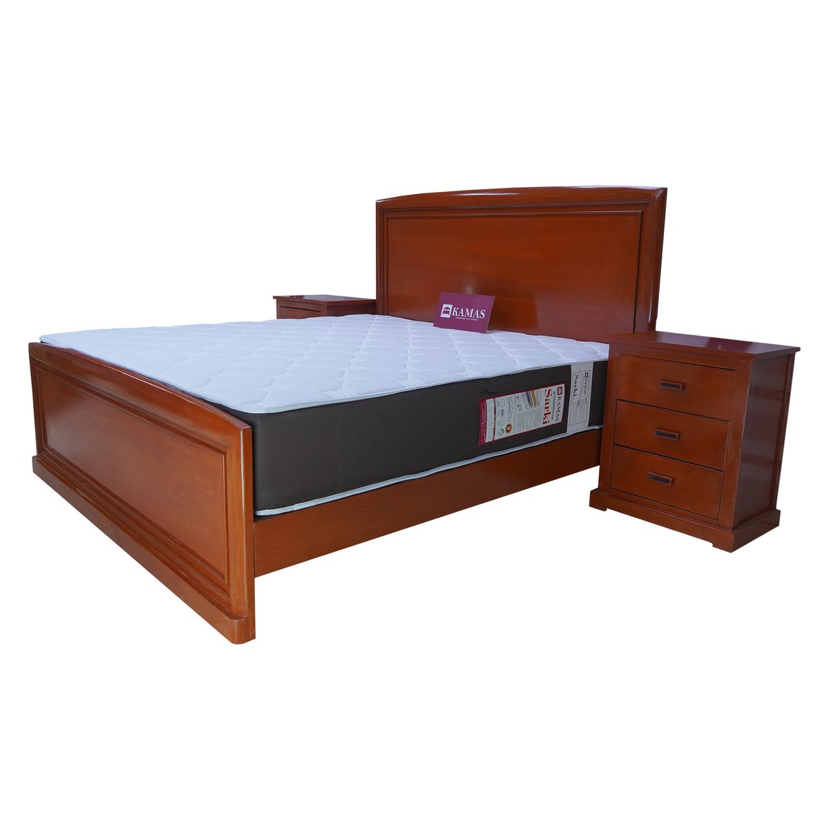 KAMAS - DORMITORIO KAMAS KING SARKI DE MADERA CEDRO CON CABECERA PEDESTAL Y 2 VELADORES