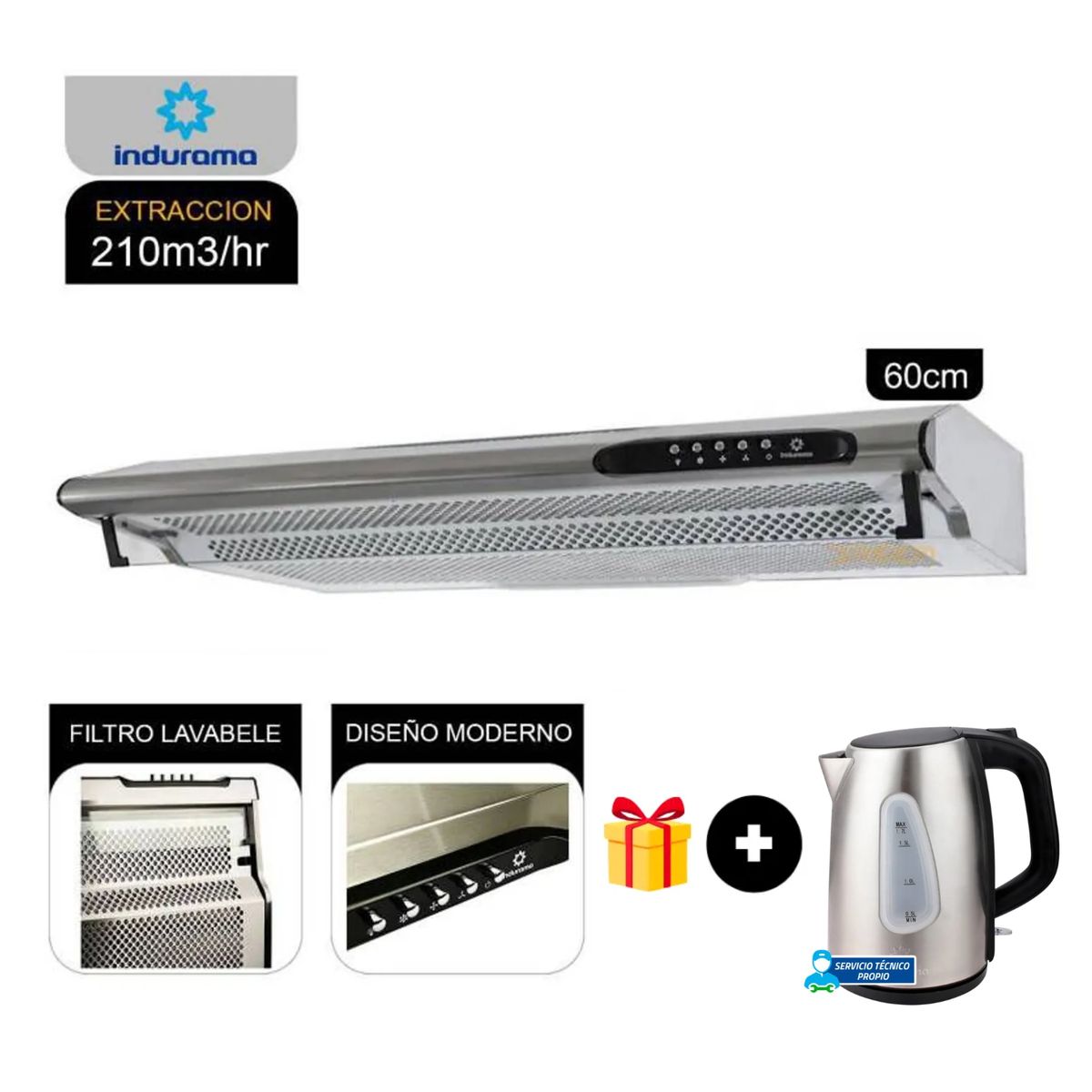 INDURAMA - CAMPANA INDURAMA EXTRACTORA CEI-602CRP 3 VELOCIDADES SILVER + HERVIDOR INDURAMA