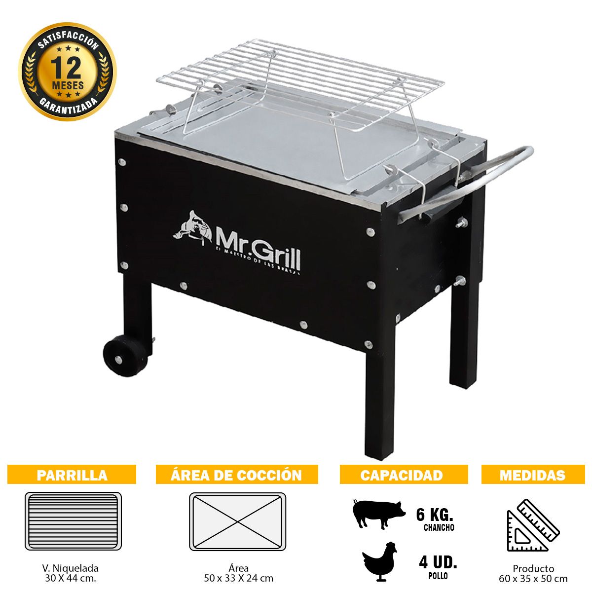 MR GRILL - Caja China Mediana Junior Black Galvanizada + Parrilla Varillas