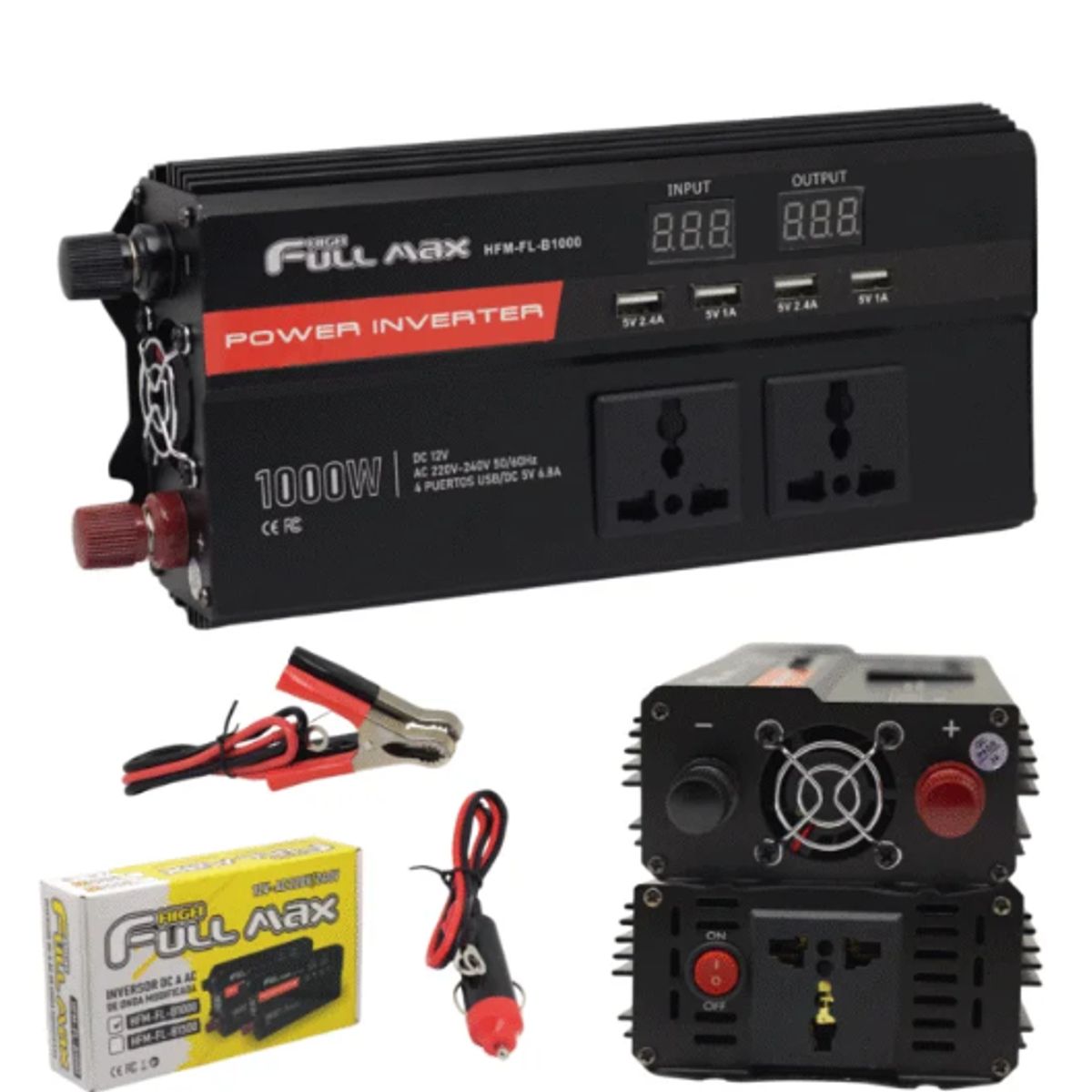 FULL MAX - Inversor de Onda Modificada 1000W con 4 Puertos USB 5VDC 6.8A HFM-FL-B1000 HIGH FULL MAX
