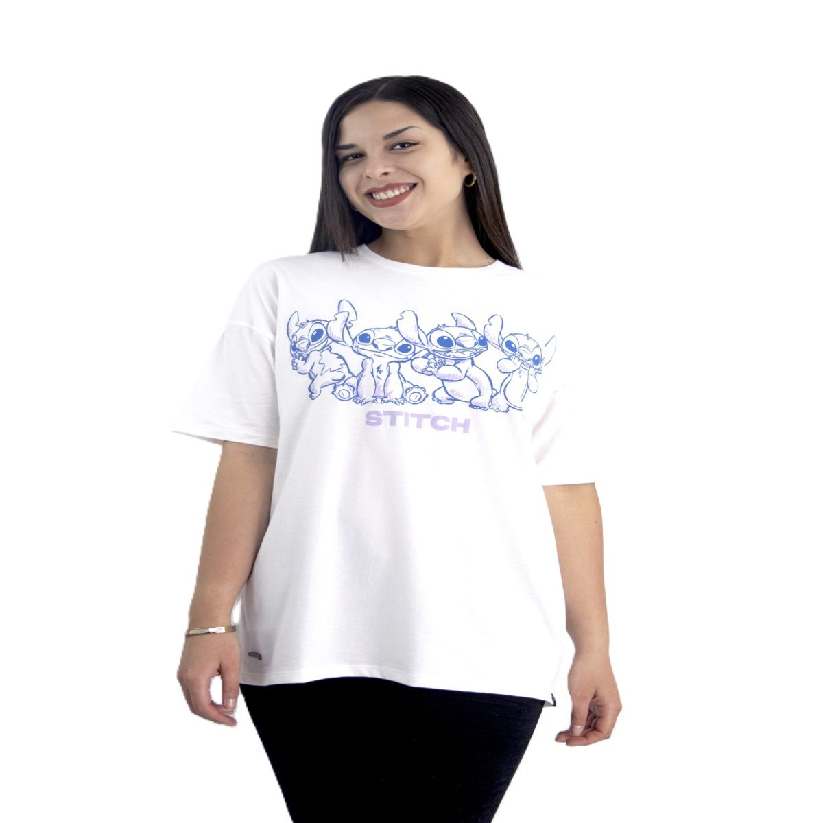 DISNEY CLASICOS - Polo Oversize Mujer Stitch Marfil Algodón Manga Corta