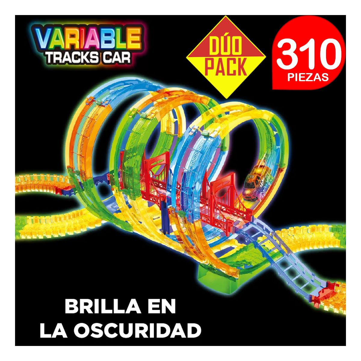 VT - Pista de carrera luminosa flexible 155pz VARIABLE TRACK. DÚO PACK 310 piezas