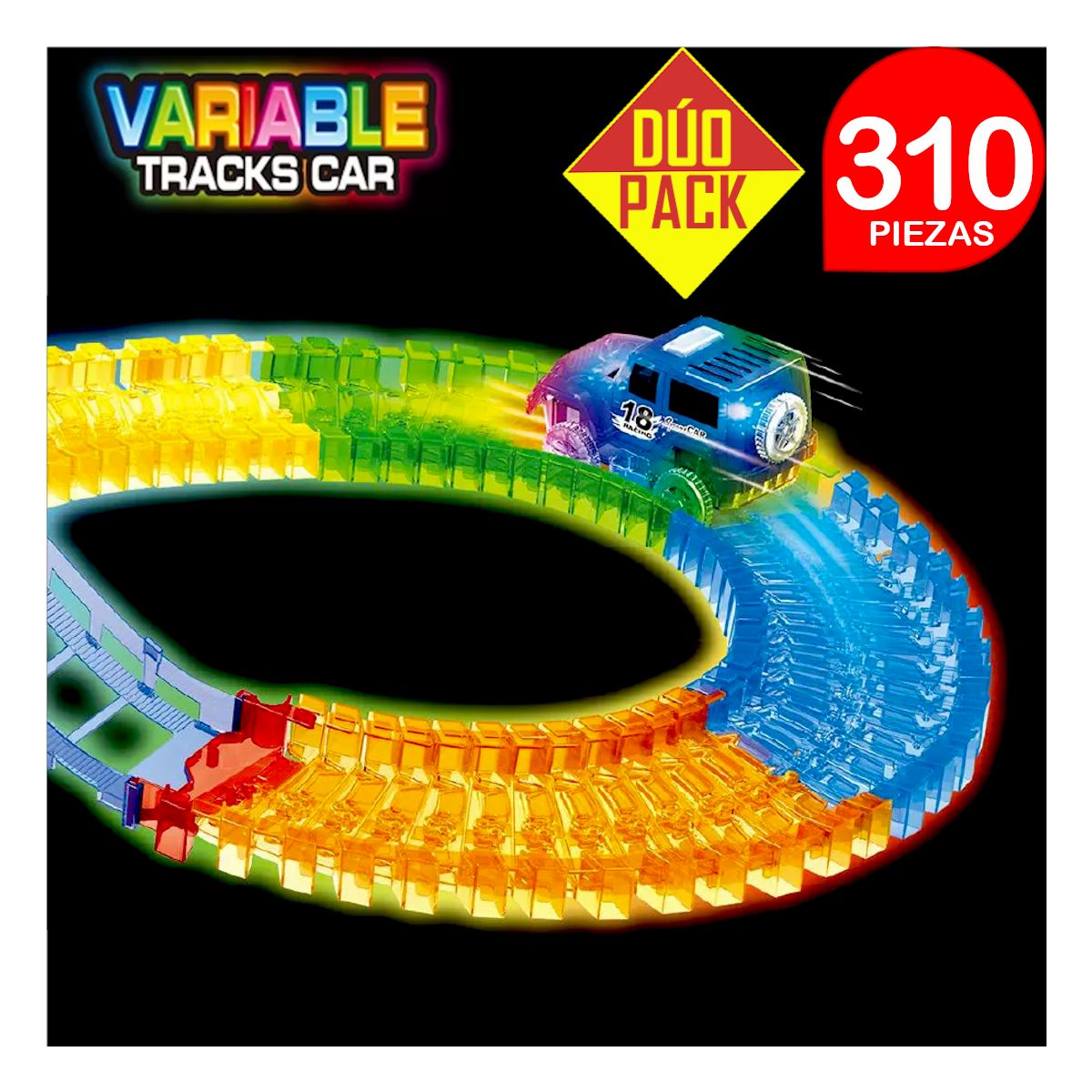 VT - Pista de carrera luminosa flexible 155pz VARIABLE TRACK. DÚO PACK 310 piezas