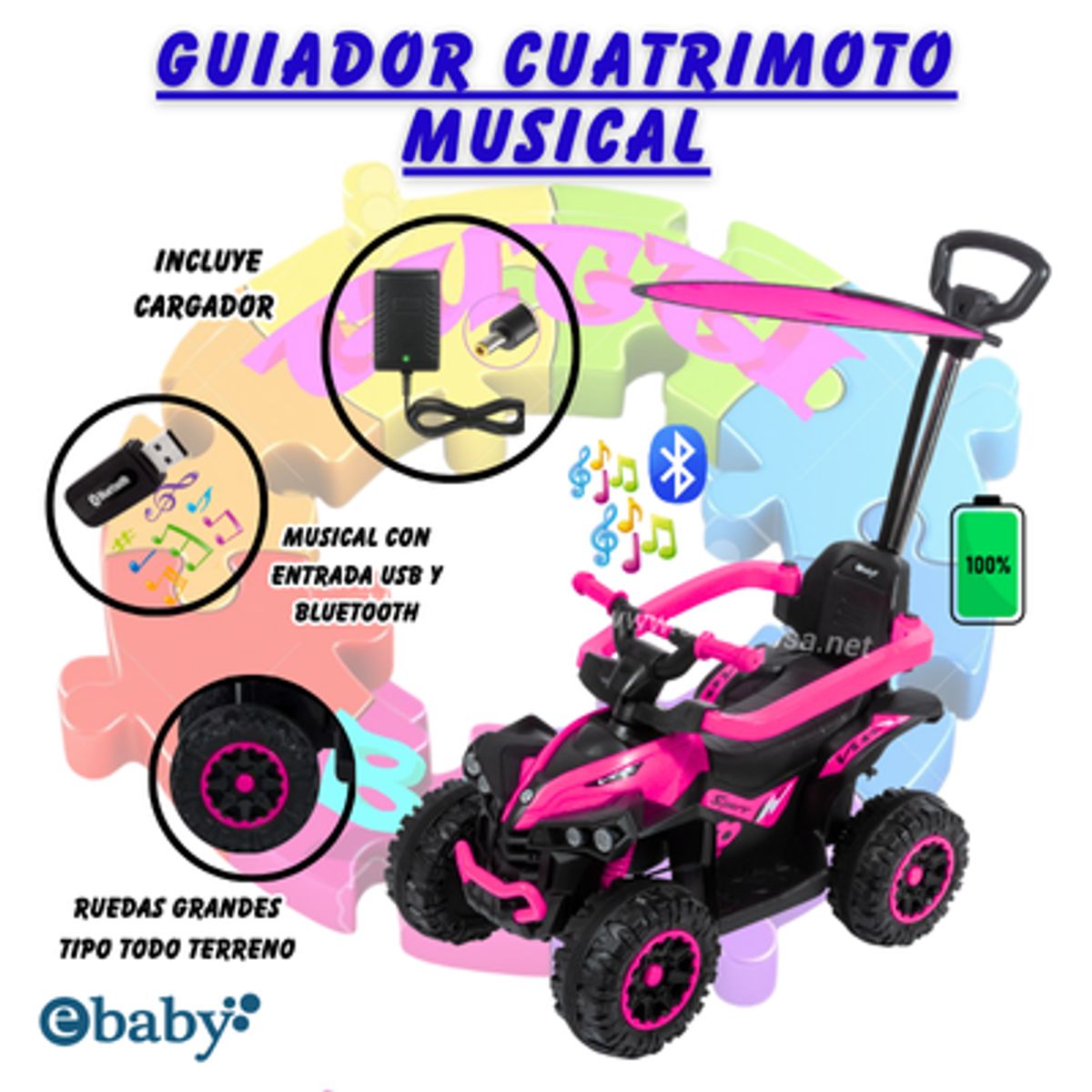 EBABY - NUEVO GUIADOR CUATRIMOTO MUSICAL CON LUCES Y SOMBRILLA - ROSADO