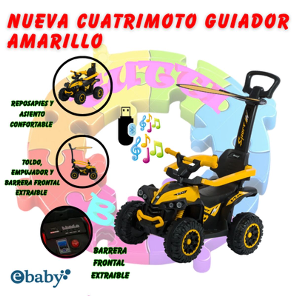 EBABY - NUEVO GUIADOR CUATRIMOTO MUSICAL CON LUCES Y SOMBRILLA - AMARILLO