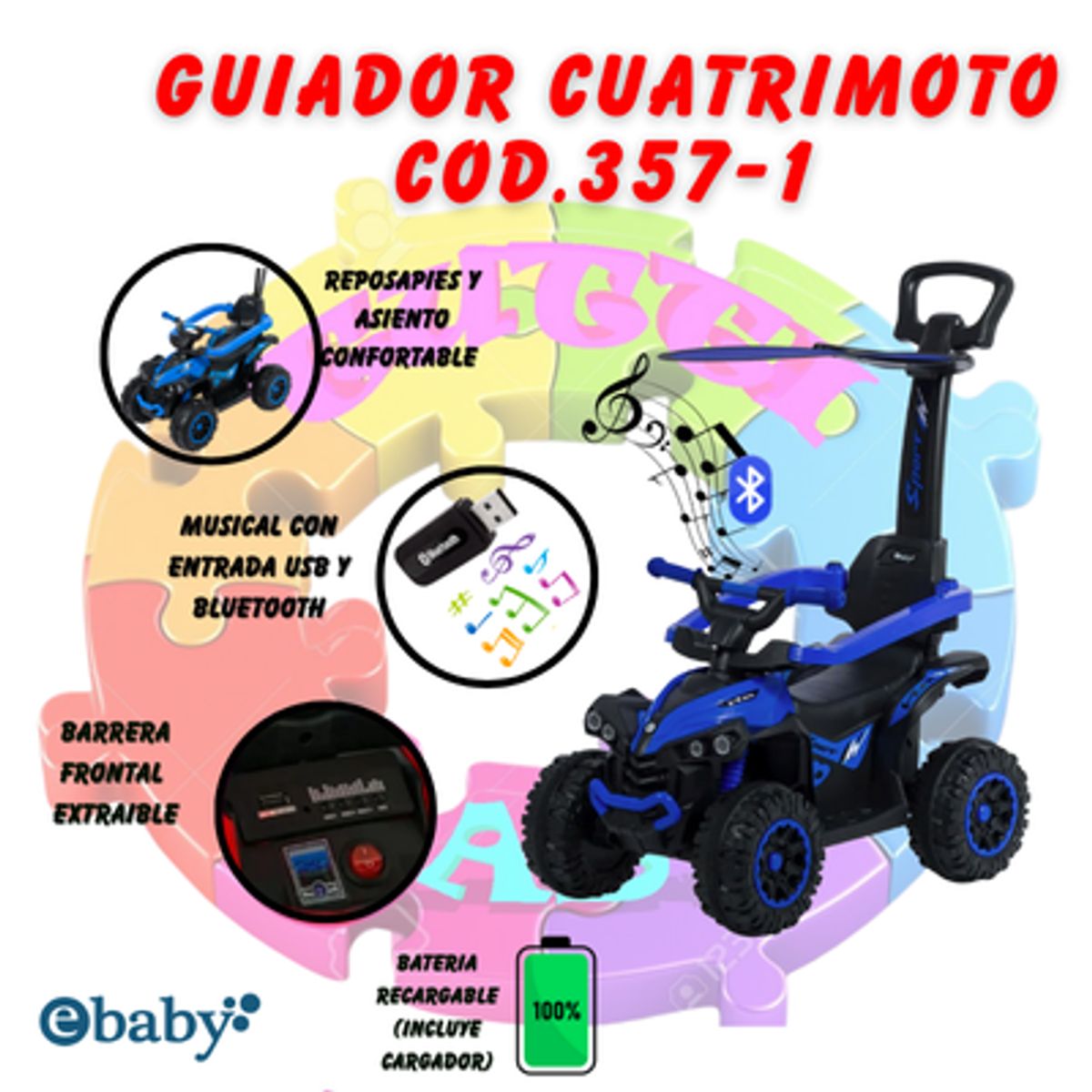 EBABY - NUEVO GUIADOR CUATRIMOTO MUSICAL CON LUCES Y SOMBRILLA - AZUL