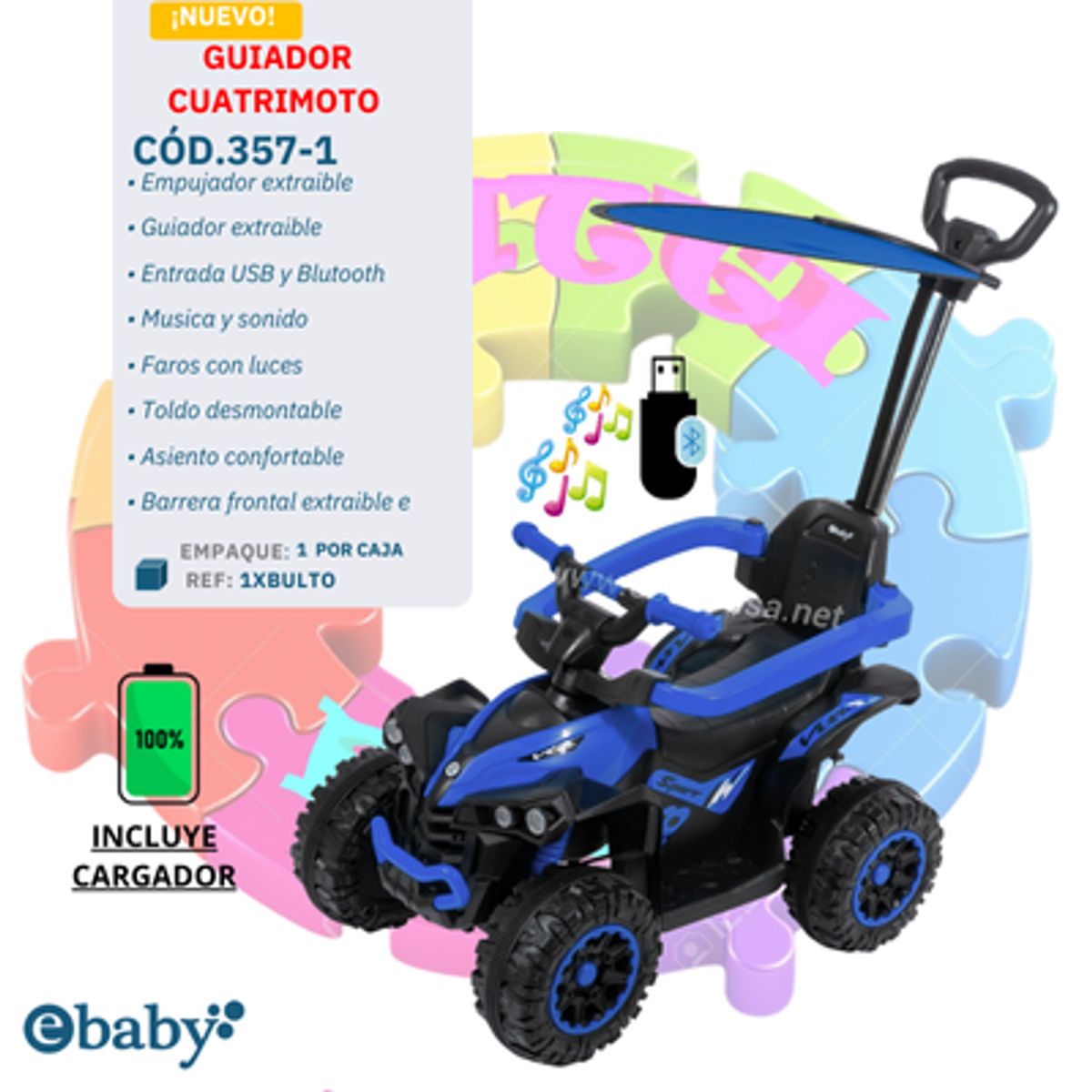 EBABY - NUEVO GUIADOR CUATRIMOTO MUSICAL CON LUCES Y SOMBRILLA - AZUL
