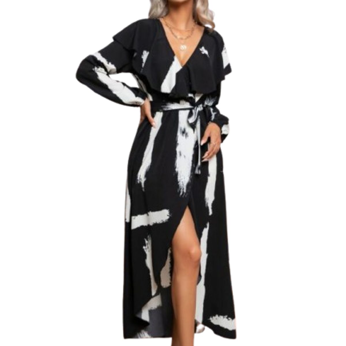 GENERICO - Vestido Largo con Estampado cuello en V- Vestido Ileyda