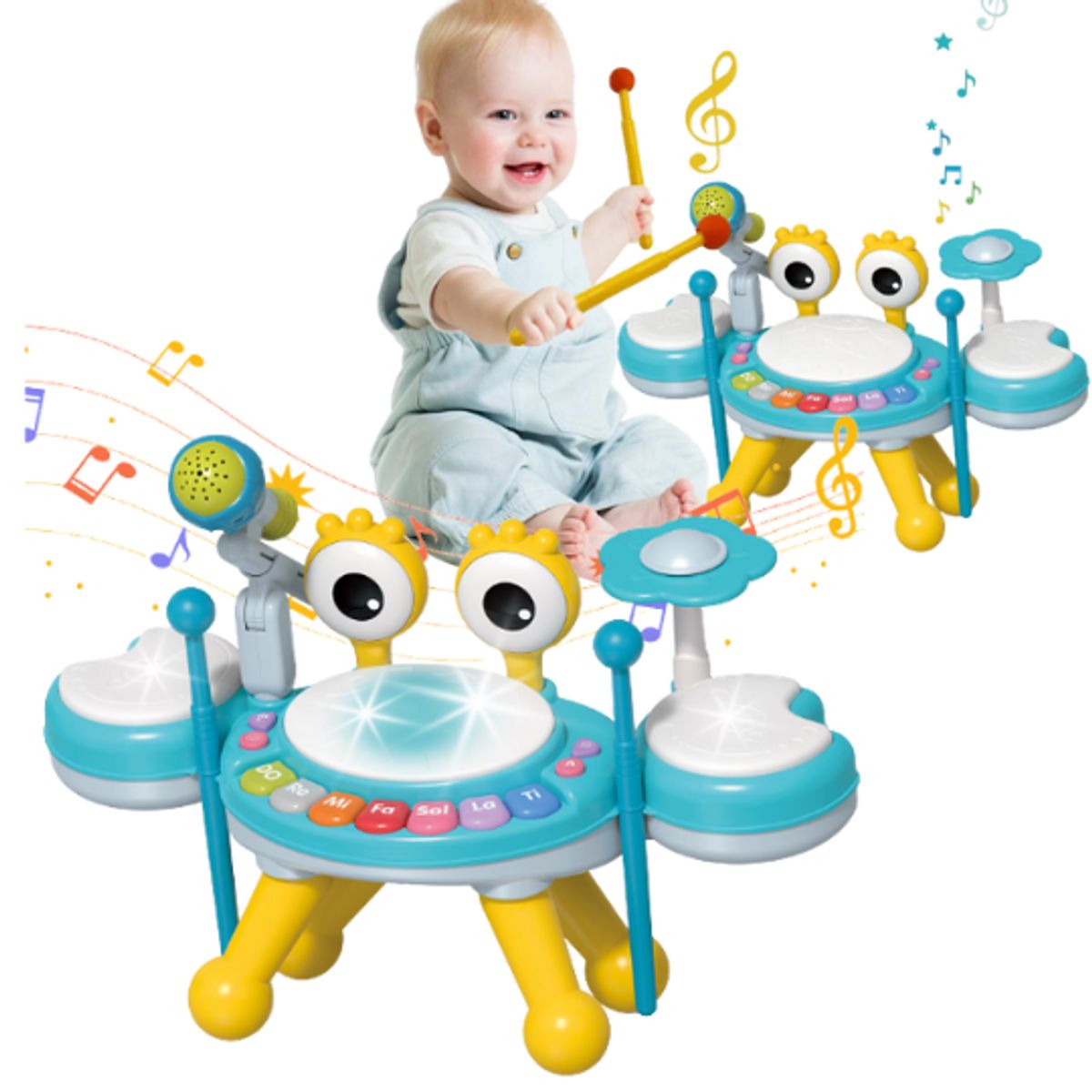 GENERICO - Juguete Musical Batería Electrónica Infantil con Micrófono Cangrejo Azul